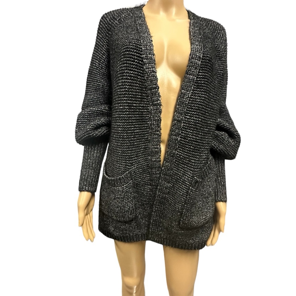 Elina Casell Black Grey Knit Open Front Cardigan Sweater with Pockets Womens M